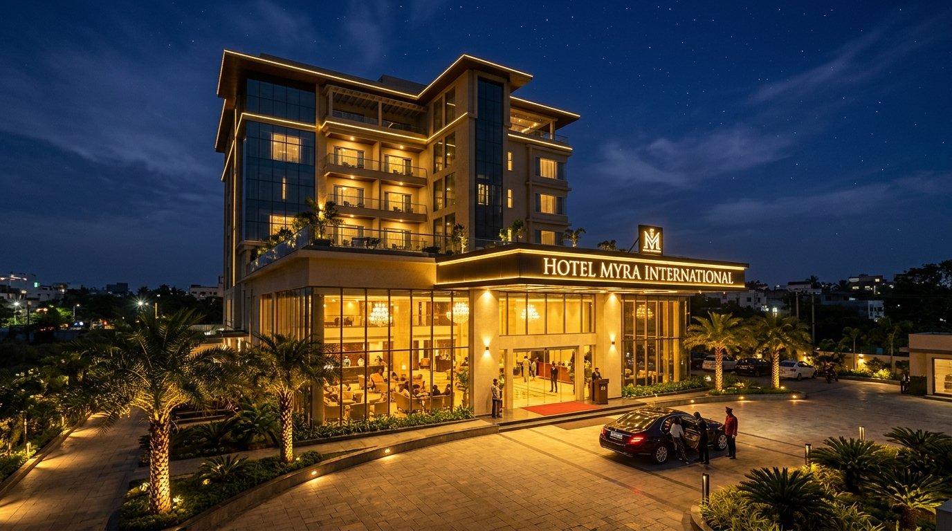 Hotel Myra International Night Facade